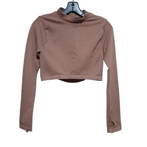 FP Movement Ribbed Long Sleeve Crop Top Open Back Thumbholes Mauve Brown M/L